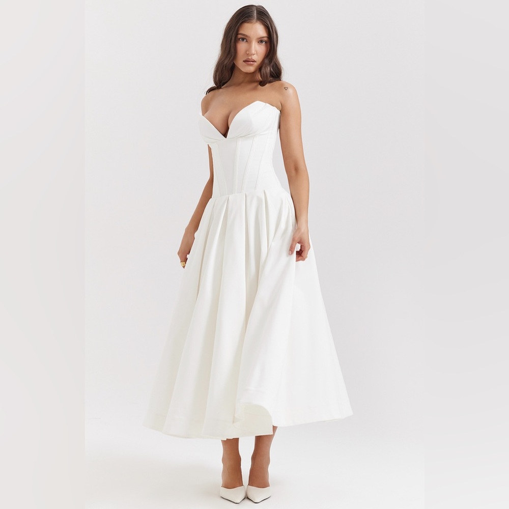 House of CB White Strapless Corset Midi Dress